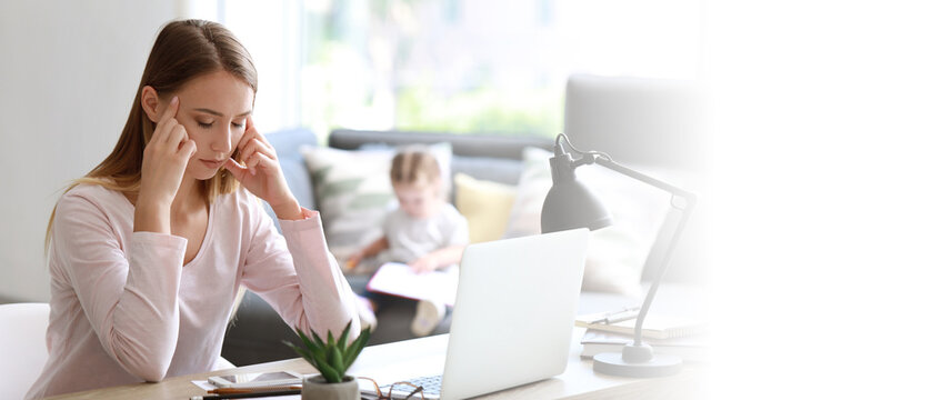 Tired young woman working at home - Powered by Adobe