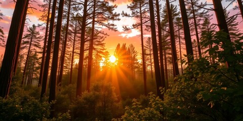Obraz premium Serene Sunset Behind Tall Pine Trees Illuminating a Forest Landscape with Vibrant Orange and Purple Sky