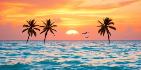 Fototapeta premium Tranquil Sunset Over Water with Silhouetted Palm Trees and Gentle Waves in Warm Tropical Colors