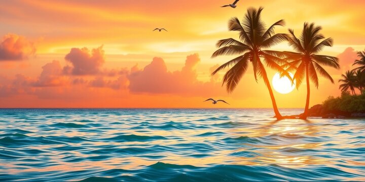 Tropical sunset over serene ocean waves with palm trees silhouetted against vibrant sky and flying birds in the horizon