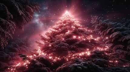Illuminated Christmas Tree in Snowy Forest at Night - Magical Festive Scene