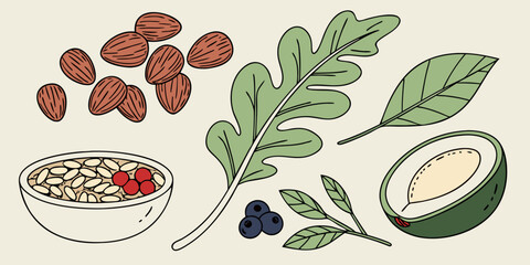 Vibrant healthy breakfast ingredients including almonds, blueberries, oats, and avocado, perfect for health conscious lifestyle content.