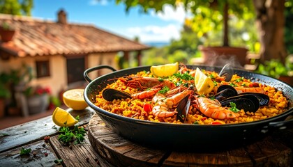 Spanish paella dish outdoors