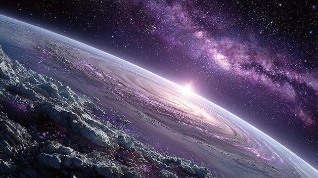 Planet view from space with clouds and a purple nebula background. - Powered by Adobe
