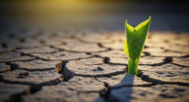 Hope blooms anew as a vibrant sprout emerges from parched earth, symbolizing resilience and growth in arid landscapes, a sign of life's tenacity