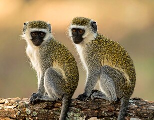 Two monkeys sit side-by-side on a log