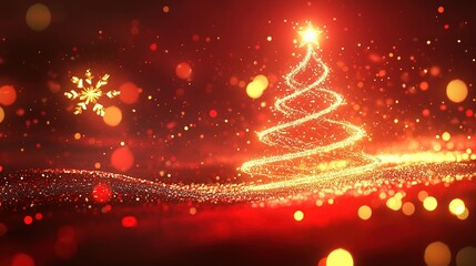 Spiral Golden Christmas Tree with Snowflakes on Red - Dynamic Festive Illustration