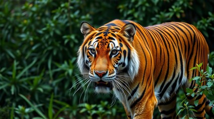 Obraz premium Majestic tiger prowling through lush green foliage, showcasing powerful presence in natural habitat, symbol of strength and beauty