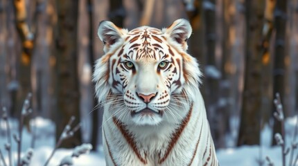 Majestic white tiger in snowy forest setting with captivating gaze and striking features, highlighting nature's beauty and wildlife