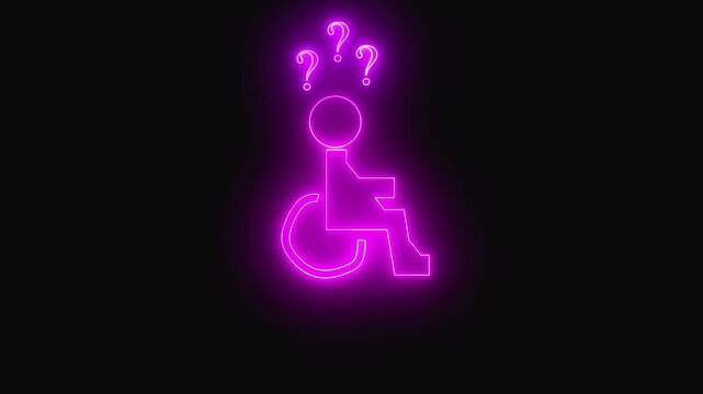 Digital pink neon question marks over wheelchair icon on dark background in hd sleek futuristic uncertainty interface Neon Pink Question Mark Icons Above a Stylized Wheelchair Symbol .