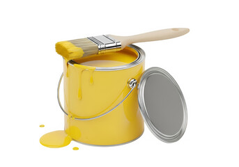 A yellow paint can with a brush, isolated on white or transparent background. PNG