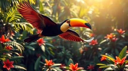 Naklejka premium Vibrant Toucan in Flight Against a Lush Tropical Background with Colorful Flowers and Warm Sunlight