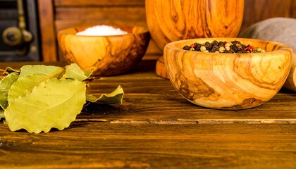 Wooden bowls with spices and herbs on a rustic table