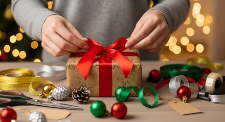 Person's hands tying a red ribbon around a wrapped gift box, preparing for a celebration.