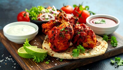Spicy chicken tikka with fresh salad and naan