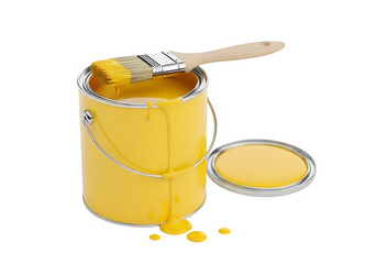 A yellow paint can with a brush, isolated on white or transparent background. PNG
