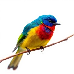 Obraz premium Colorful songbird perched on branch with vibrant plumage showcasing vivid blue, red, yellow, and green feathers against white backdrop