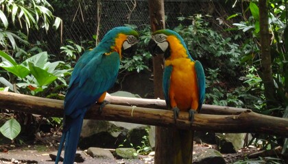 Two parrots in a jungle enclosure