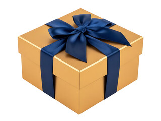 Fototapeta premium Gold gift box blue ribbon present surprise reward christmas birthday