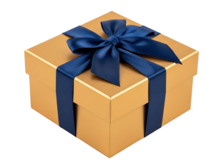 Gold gift box blue ribbon present surprise reward christmas birthday
