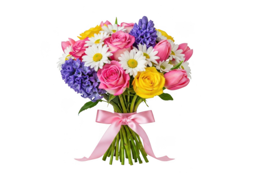 3d vibrant spring flower bouquet with pink ribbon isolated on transparent background