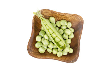 Fresh Green Peas in a Rustic Wooden Bowl, Pod Split Open for Vibrant, Healthy Produce Display