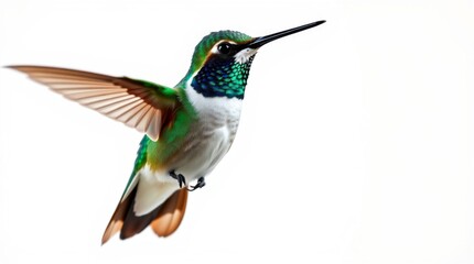 Fototapeta premium Vibrant Hummingbird in Mid-Flight Captured Against a Bright Background Showcasing Its Colorful Plumage and Graceful Wings
