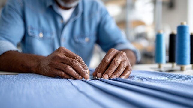 A skilled tailor focuses on sewing fabric in a bright workshop. The atmosphere is creative and industrious, showcasing craftsmanship and attention to detail.