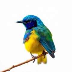 Obraz premium Vibrant Colorful Bird Perched on a Branch Against a Light Background in a Captivating Display of Nature's Beauty
