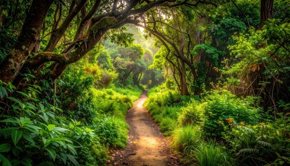 Sunlight filtering through lush green trees illuminating a winding dirt path in a tropical forest during golden hour creating an inviting and serene atmosphere