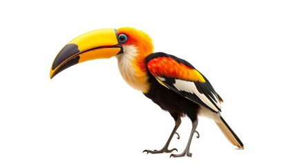 Obraz premium Colorful toucan with large yellow beak and vibrant plumage, isolated on white background, showcasing tropical beauty and wildlife