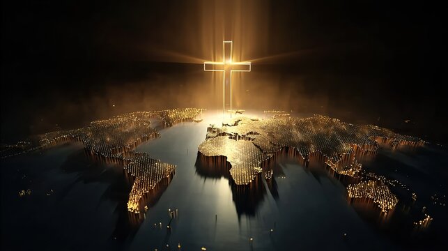 Golden cross floating above glowing 3D world map, dramatic light and shadow against dark background, cinematic spiritual concept symbolizing global Christian faith, hope, and divine presence