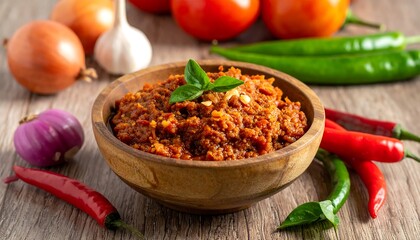 Spicy tomato relish in wooden bowl