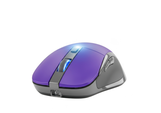 3d ergonomic computer mouse with purple accents isolated on transparent background