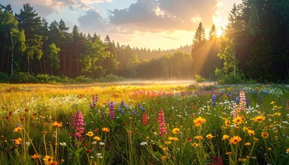 Sunlight Streams Through A Lush Meadow Filled With Colorful Wildflowers And Tall Green Trees Under A Blue Sky With Wispy Clouds In The Distance.