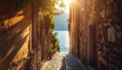 Sunlit European cobblestone alleyway with ancient stone buildings and lush green vines opening to a sparkling blue ocean and distant mountains at golden hour