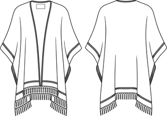 kimono cardigan, boho fringe cover up, fashion flat sketch, vector template, women poncho, technical drawing, stylish apparel design