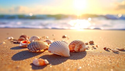 Obraz premium Seashells Resting on Sandy Beach Shoreline at Golden Hour With Gentle Ocean Waves and Bright Sunlight Reflections on Water