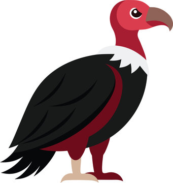 Cartoon illustration of a red headed vulture with black wings and a white collar standing on a white background