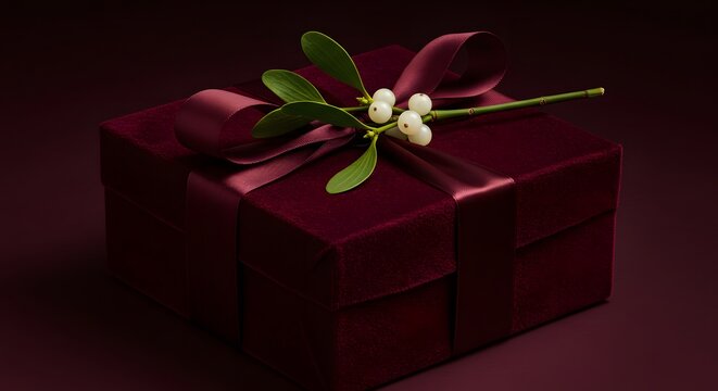 A luxurious burgundy velvet gift box tied with a satin ribbon and topped with a sprig of mistletoe.