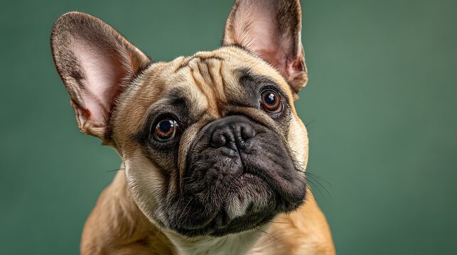 Close up portrait of a fawn french bulldog with a curious expression against a green background