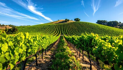 Rolling Green Vineyard Landscape Under a Bright Blue Sky with Wispy Clouds and Sunlit Rows of Grapevines