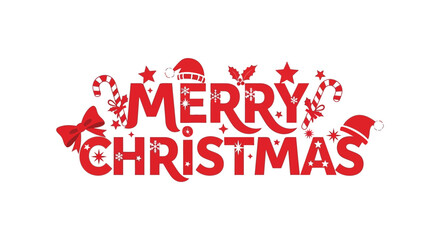 Festive merry christmas text with traditional holiday symbols and red glitter accents