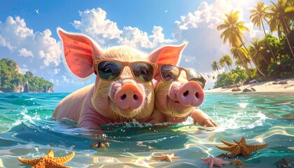 Two pigs in sunglasses swimming in ocean waves near a tropical beach