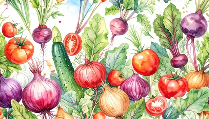 Vibrant watercolor illustration of various fresh vegetables