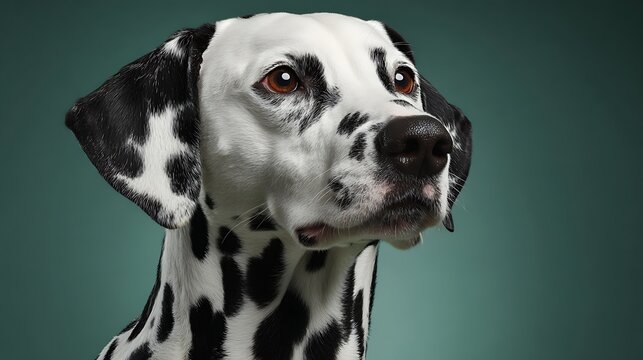 Close up shot of a dalmatian dog with black spots on white fur against a green background looking up - Powered by Adobe