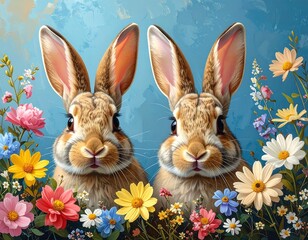 Two rabbits in a vibrant flower garden