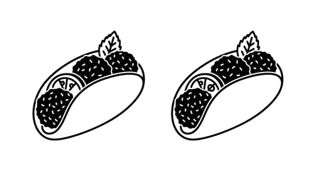 Two simple black and white illustrations of blackberry tarts with mint