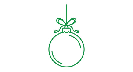 Simple green outline drawing of a christmas ornament hanging with a bow and string on a white background