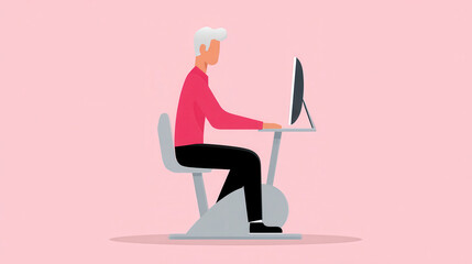 Man senior sitting exercise bike working computer desk pink background healthy active illustration fitness technology modern wellness motivation concentration digital lifestyle office workspace